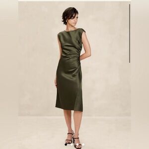 Banana Republic Olive Dark Green Satin Midi Dress  Shirred Waist and Cap Sleeves